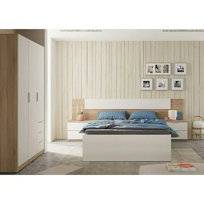 Cama de matrimonio Kendra - L x An x Al: 196 x 156 x 37 cm, Blanco Artik - Dormitorio con cama doble, armario, mesitas de noche y decoración de pared. El diseño moderno ofrece almacenamiento y un ambiente elegante.