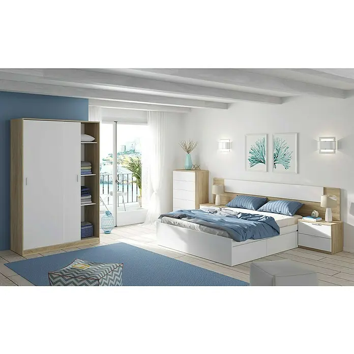 Cama de matrimonio Kendra - L x An x Al: 196 x 156 x 37 cm, Blanco Artik - Dormitorio con cama de matrimonio grande, mesitas de noche, cómoda y armario para un amplio almacenamiento y confort.