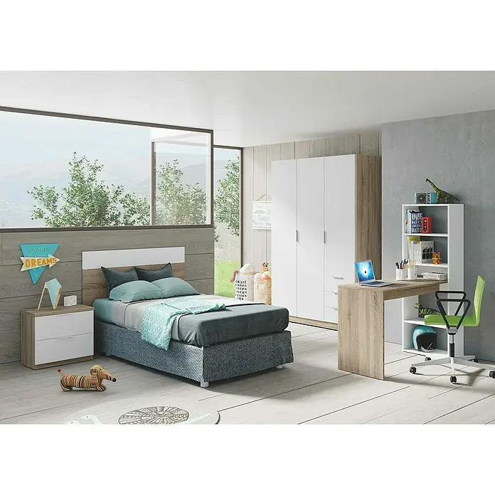 Cabecero de cama y mesita de noche Luca - Roble Canadian/Blanco Artik, 2 pzs. - Habitación juvenil acogedora con cama, armario y escritorio con estantería, ideal para hacer deberes y noches relajantes.