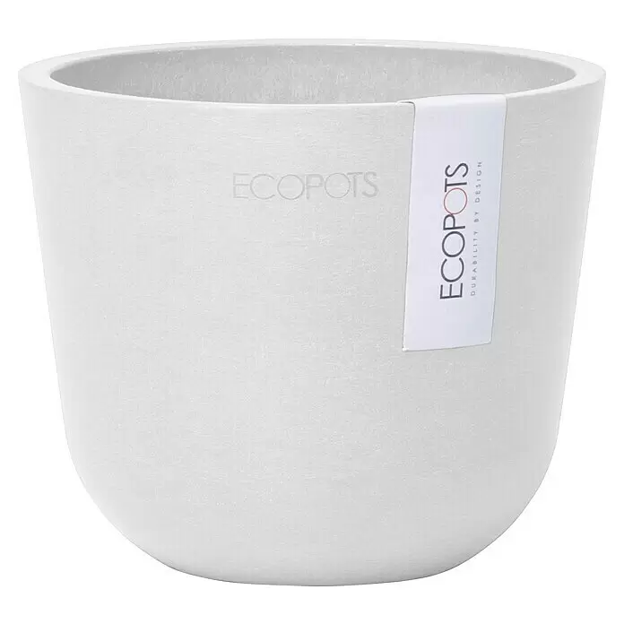 Ecopots Oslo Pflanztopf Mini - Außenmaß (Ø x H): 11,4 x 9,5 cm, Kunststoff, Weiß - Weißer, texturierter ECOPOTS Blumentopf mit vertikalem Markenetikett.
