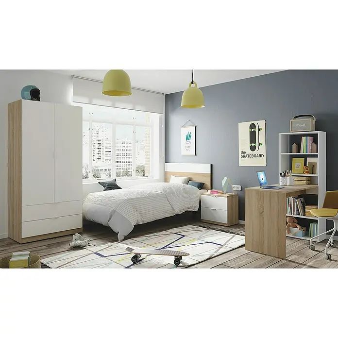 Cabecero de cama y mesita de noche Luca - Roble Canadian/Blanco Artik, 2 pzs. - Dormitorio juvenil con armario, cama, combinación de escritorio, lámparas amarillas. Aspecto moderno con póster de monopatín.