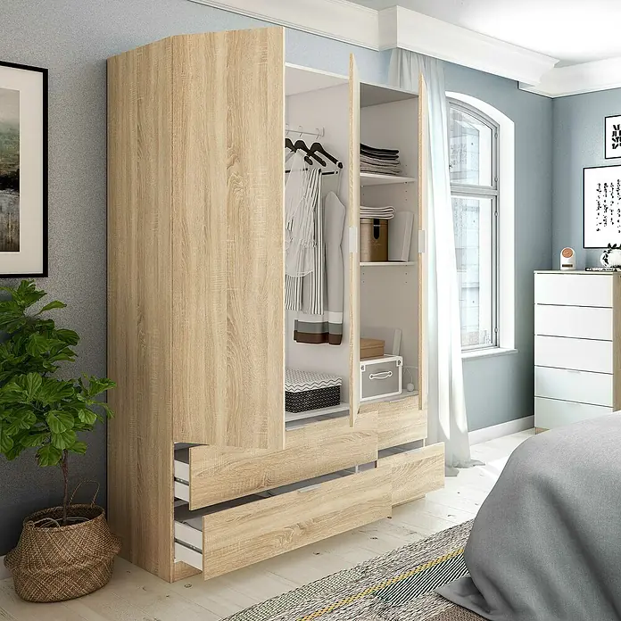 Armario para ropa LCX453F - L x An x Al: 52 x 135 x 200 cm, Roble Canadian - Imagen que muestra un amplio armario en decoración de madera clara con cajones abiertos, ideal para soluciones de almacenamiento de ropa elegantes.