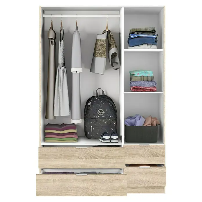 Armario para ropa LCX453F - L x An x Al: 52 x 135 x 200 cm, Roble Canadian - Amplio armario con barras para colgar, estantes y cajones para un almacenamiento versátil de ropa y accesorios.