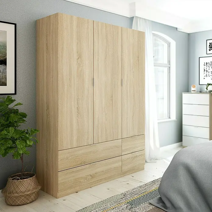 Armario para ropa LCX453F - L x An x Al: 52 x 135 x 200 cm, Roble Canadian - Un gran armario de tres puertas con acabado de madera clara con cajones, que ofrece un amplio espacio de almacenamiento y se adapta perfectamente al dormitorio.