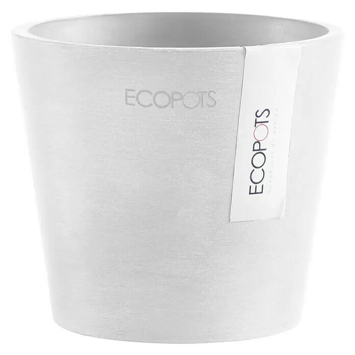 Ecopots Amsterdam Pflanztopf Mini - Außenmaß (Ø x H): 10,5 x 9,2 cm, Kunststoff, Weiß - Heller grauer ECOPOTS Pflanztopf mit strukturierter Oberfläche und Markenlogo an der Seite.