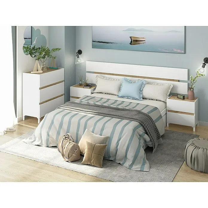 Cómoda Tempus - L x An x Al: 38 x 77 x 80 cm, Roble Nodi/Blanco Artik, Número de cajones: 3 ud. - Dormitorio con cama doble con estructura blanca, mesitas de noche y una cómoda de estilo moderno.