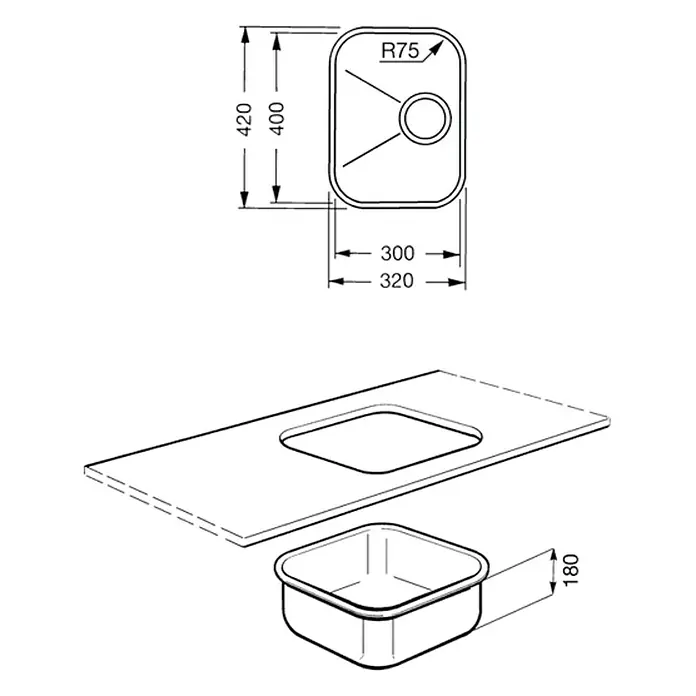 Smeg Fregadero encastrable UM30 - 42 x 32 cm, Acero inoxidable - Dibujo técnico de un fregadero con dimensiones 420 x 320 mm, radio R75 y una profundidad de 180 mm.