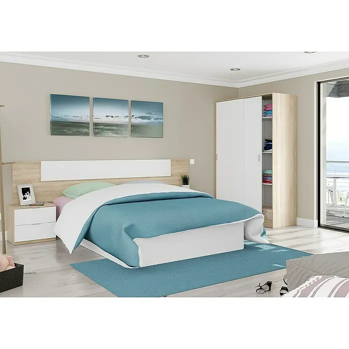 Cabecero de cama con mesitas Alaya - Roble Canadian/Blanco Artik, 3 pzs. - Dormitorio con colcha azul, mesita de noche y armario en decoración de madera clara y blanco. Arte mural decorativo.