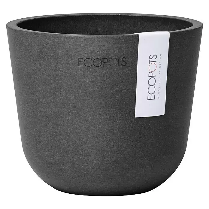 Ecopots Oslo Pflanztopf Mini - Außenmaß (Ø x H): 11,4 x 9,5 cm, Kunststoff, Dunkelgrau - Runder, dunkelgrauer, texturierter ECOPOTS Pflanztopf mit weißem Markenetikett.