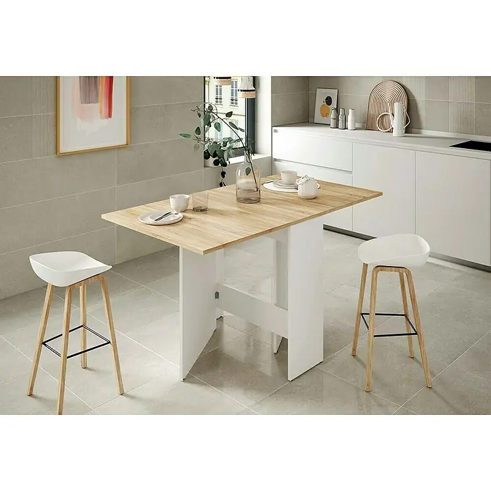 Mesa auxiliar Fly - L x An x Al: 31 x 77 x 78 cm, Blanco Artik/Roble Canadian, Abatible - Esta mesa de cocina moderna con sillas blancas ofrece una solución elegante y funcional para su cocina.