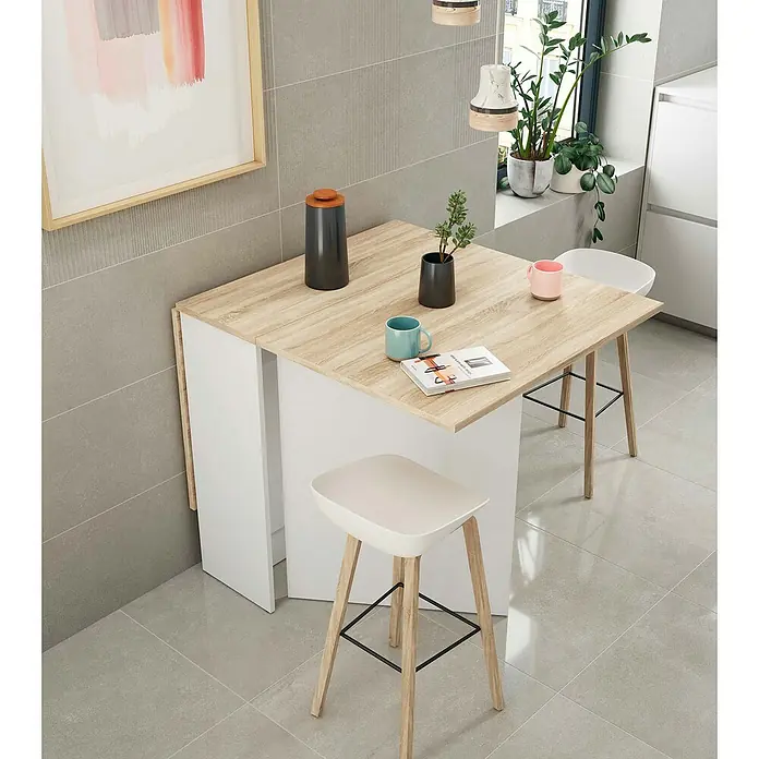 Mesa auxiliar Fly - L x An x Al: 31 x 77 x 78 cm, Blanco Artik/Roble Canadian, Abatible - Una elegante mesa de cocina plegable con taburetes, perfecta para espacios pequeños y cocinas modernas. Combina funcionalidad con un diseño atractivo.