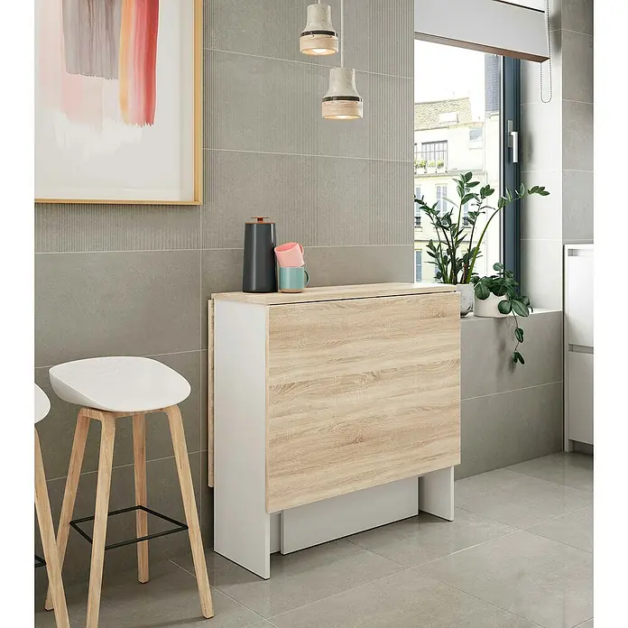 Mesa auxiliar Fly - L x An x Al: 31 x 77 x 78 cm, Blanco Artik/Roble Canadian, Abatible - Mesa plegable con aspecto de madera y detalles blancos, ideal para espacios pequeños. Práctica y elegante para cocina o comedor.