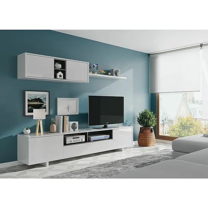 Conjunto mueble de salón Belus - Blanco Brillo/Gris Antracita, 3 pzs. - Sala de estar con un elegante mueble de TV blanco sobre un fondo verde azulado. Armario flotante y aparador ofrecen almacenaje.