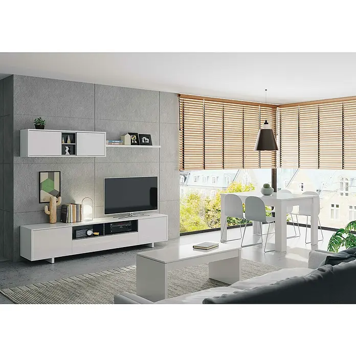 Conjunto mueble de salón Belus - Blanco Brillo/Gris Antracita, 3 pzs. - Un salón moderno con un mueble bajo blanco, muebles de TV a juego y persianas de madera clara para un ambiente cálido.