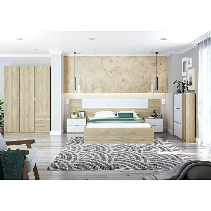 Cama de matrimonio Kendra - L x An x Al: 196 x 156 x 37 cm, Roble Canadian - Un elegante dormitorio con una cama de madera clara, mesitas de noche a juego y un amplio armario, complementado con una alfombra moderna.