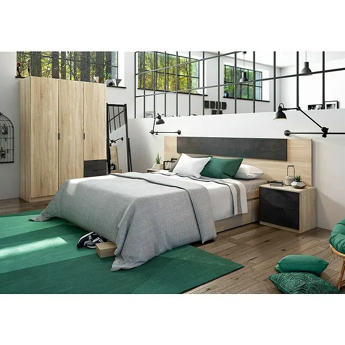 Cama de matrimonio Kendra - L x An x Al: 196 x 156 x 37 cm, Roble Canadian - Interior de dormitorio con una cama doble moderna con mesitas de noche y un armario a juego para una decoración elegante.