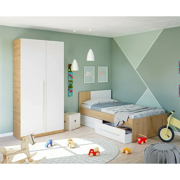 Cama Noa - L x An x Al: 196 x 97 x 77 cm, Roble Nodi/Blanco Artik - Habitación infantil con armario blanco, cama con cajones y juguetes. La habitación está decorada en colores suaves.