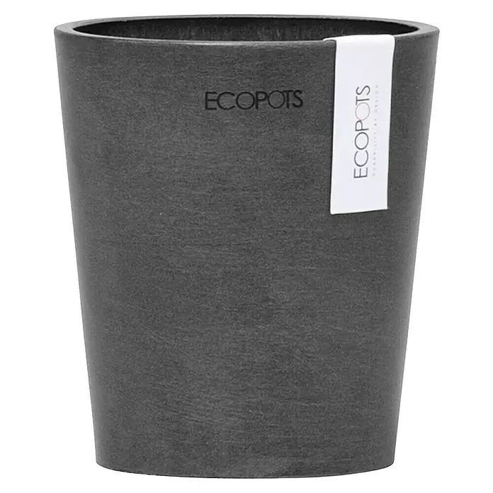 Ecopots Orchideentopf Morinda - Außenmaß (Ø x H): 11 x 12,5 cm, Kunststoff, Dunkelgrau - Nahaufnahme eines grauen ECOPOTS Pflanzgefäßes mit Etikett, das die Marke betont und seine schlichte, konische Form hervorhebt.
