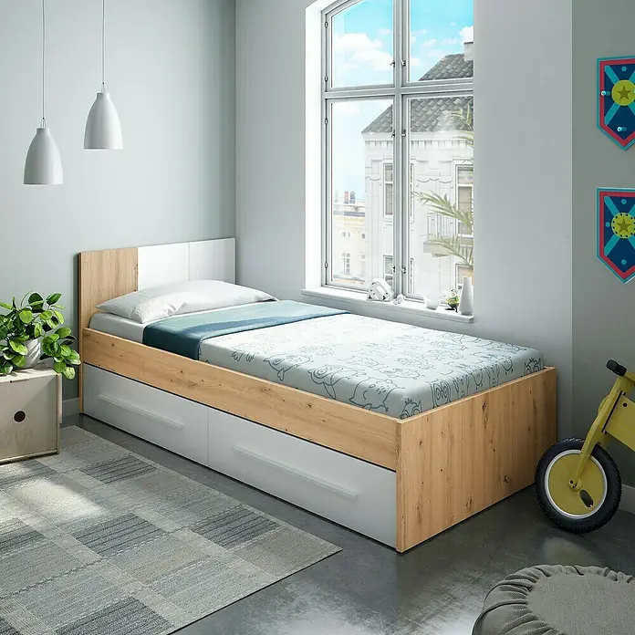 Armario para ropa y cama Noa - Roble Nodi/Blanco Artik - Una cama individual con estructura de madera y cajones blancos debajo, ideal para una habitación infantil moderna.