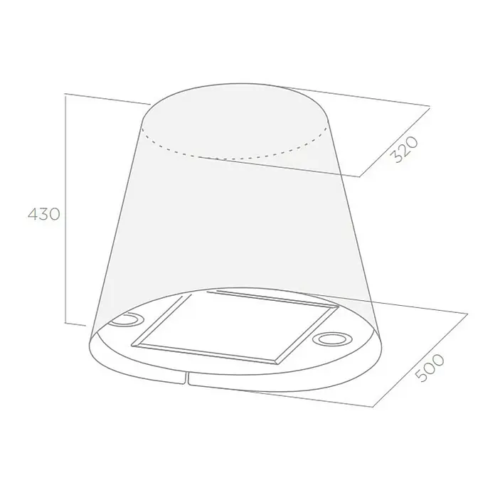 Turboair Campana para isla Gioia - Ancho: 50 cm, Máx. Potencia del ventilador en modo extracción: 581 m³/h, Blanco - Boceto de una luz exterior moderna con dimensiones. La luz tiene forma cónica y está diseñada para uso exterior.