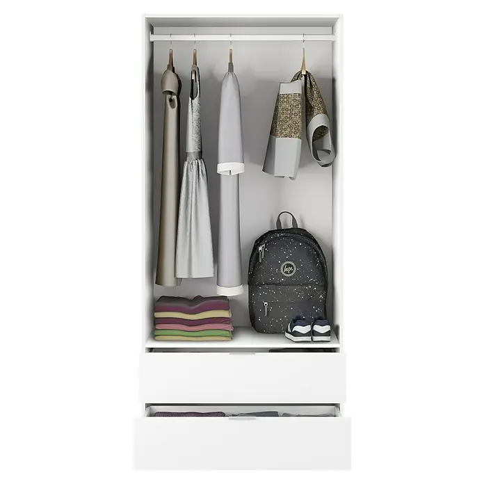 Armario para ropa LCX222 - L x An x Al: 52 x 81 x 180 cm, Blanco - Armario abierto que muestra ropa, mochila y zapatos. Bien guardado y fácilmente accesible en el armario blanco.