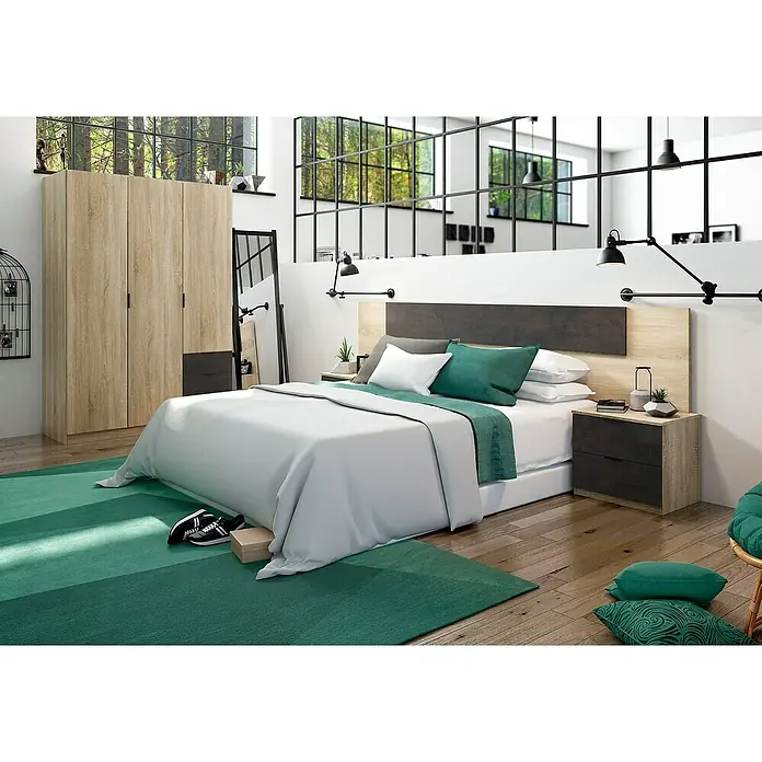 Armario para ropa LC0323F - L x An x Al: 52 x 121 x 180 cm, Roble Canadian/Óxido - Dormitorio moderno con cama de matrimonio, mesita de noche y armario con aspecto de madera. El concepto de color verde asegura un ambiente tranquilo.
