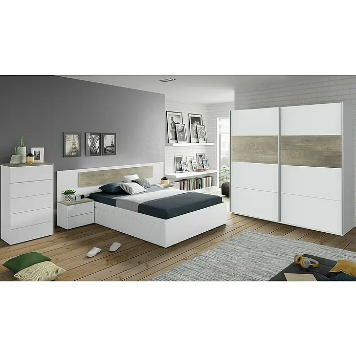 Cama de matrimonio Kendra - L x An x Al: 196 x 156 x 37 cm, Blanco Artik - Juego de dormitorio con cama blanca con cajones, mesita de noche, cómoda y armario con puertas correderas.