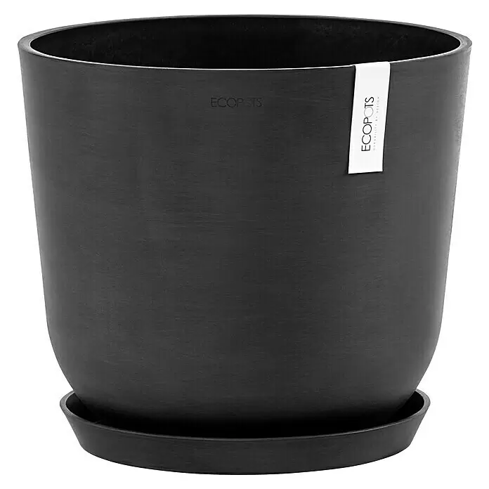 Ecopots Oslo Pflanztopf mit Wasserspeicher - Außenmaß (Ø x H): 35 x 40,5 cm, Kunststoff, Dunkelgrau - Rundes, dunkelgraues, texturiertes Pflanzgefäß mit passendem Untersetzer.
