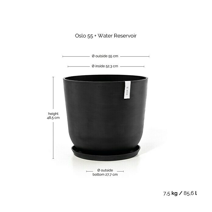 Ecopots Oslo Pflanztopf mit Wasserspeicher (Außenmaß (Ø x H): 55 x 47,9 cm, Kunststoff, Dunkelgrau) | BAUHAUS