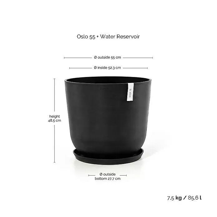 Ecopots Oslo Pflanztopf mit Wasserspeicher - Außenmaß (Ø x H): 55 x 48,5 cm, Kunststoff, Dunkelgrau - Dunkelgrauer Pflanztopf Oslo 55 mit Wasserspeicher und Untersetzer, Maße angezeigt.