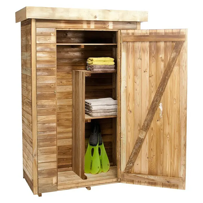 Cerland Armario de jardín Theo - Natural, Puerta de una hoja - Armario de madera para exterior con estantes, toallas y aletas, ideal para guardar accesorios de piscina.