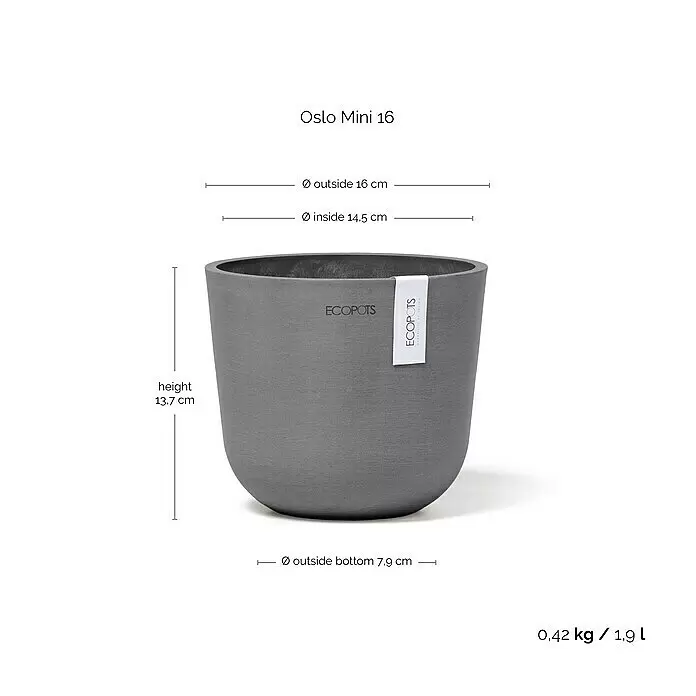 Ecopots Oslo Pflanztopf Mini - Außenmaß (Ø x H): 16 x 13,7 cm, Kunststoff, Grau - Grauer Ecopots Oslo Mini 16 Pflanzentopf mit Maßen und Gewicht.
