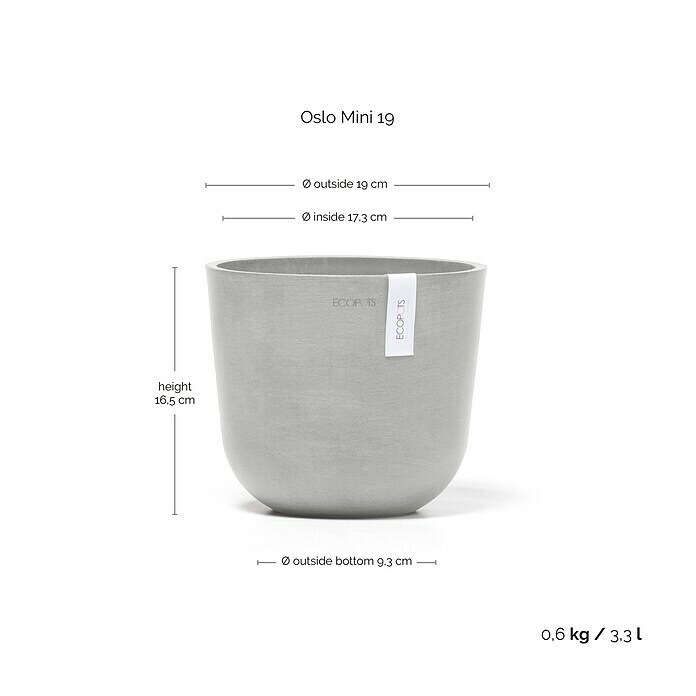 Ecopots Oslo Pflanztopf Mini (Außenmaß (Ø x H): 19 x 16,5 cm, Kunststoff, Weißgrau) | BAUHAUS