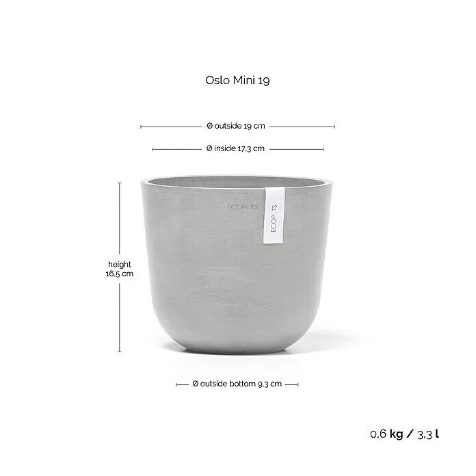 Ecopots Oslo Pflanztopf Mini - Außenmaß (Ø x H): 19 x 16,5 cm, Kunststoff, Weißgrau - Hellgrauer ECOPOTS Oslo Mini 19 Pflanztopf, 16,5 cm hoch, 19 cm Außendurchmesser oben und 3,3 L Volumen.