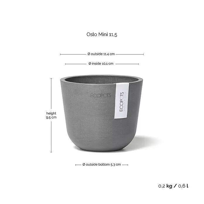 Ecopots Oslo Pflanztopf Mini - Außenmaß (Ø x H): 11,4 x 9,5 cm, Kunststoff, Grau - Grauer ECOPOTS Oslo Mini Blumentopf mit detaillierten Abmessungen.