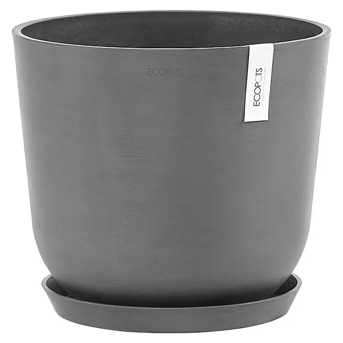 Ecopots Oslo Pflanztopf mit Wasserspeicher - Außenmaß (Ø x H): 35 x 40,5 cm, Kunststoff, Grau - Ein dunkelgrauer, strukturierter, runder Pflanztopf mit passendem Untersetzer.