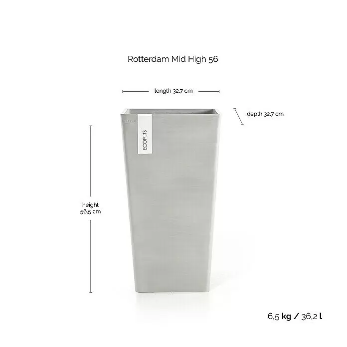 Ecopots Rotterdam Pflanzsäule eckig - Außenmaß (L x B x H): 30,5 x 30,5 x 50,5 cm, Kunststoff, Weiß, Grau - Heller grauer ECOPOTS Rotterdam Mid High 56 rechteckiger Pflanzkübel, 56,5 cm hoch, 32,7 cm Länge und Tiefe, 36,2 L Fassungsvermögen.