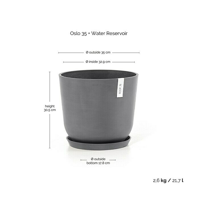 Ecopots Oslo Pflanztopf mit Wasserspeicher (Außenmaß (Ø x H): 35 x 47,9 cm, Kunststoff, Grau) | BAUHAUS