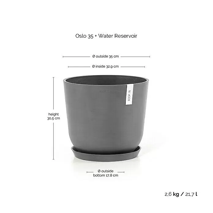 Ecopots Oslo Pflanztopf mit Wasserspeicher - Außenmaß (Ø x H): 35 x 40,5 cm, Kunststoff, Grau - Grauer selbstbewässernder Pflanztopf 'Oslo 35' mit Untersetzer. Maße und Fassungsvermögen sind abgebildet.