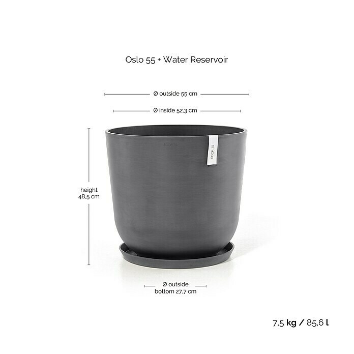 Ecopots Oslo Pflanztopf mit Wasserspeicher (Außenmaß (Ø x H): 55 x 47,9 cm, Kunststoff, Grau) | BAUHAUS