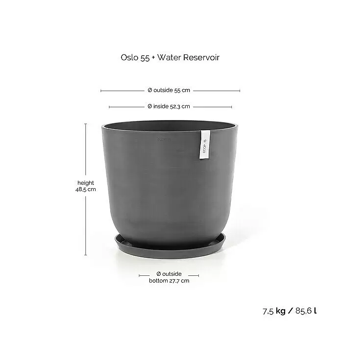 Ecopots Oslo Pflanztopf mit Wasserspeicher - Außenmaß (Ø x H): 55 x 48,5 cm, Kunststoff, Grau - Dunkelgrauer Oslo 55 Pflanzkübel mit Wasserspeicher und Untersetzer, Maße und Fassungsvermögen sichtbar.