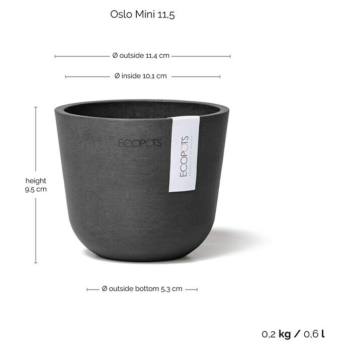 Ecopots Oslo Pflanztopf Mini (Außenmaß (Ø x H): 11,5 x 10 cm, Kunststoff, Dunkelgrau) | BAUHAUS