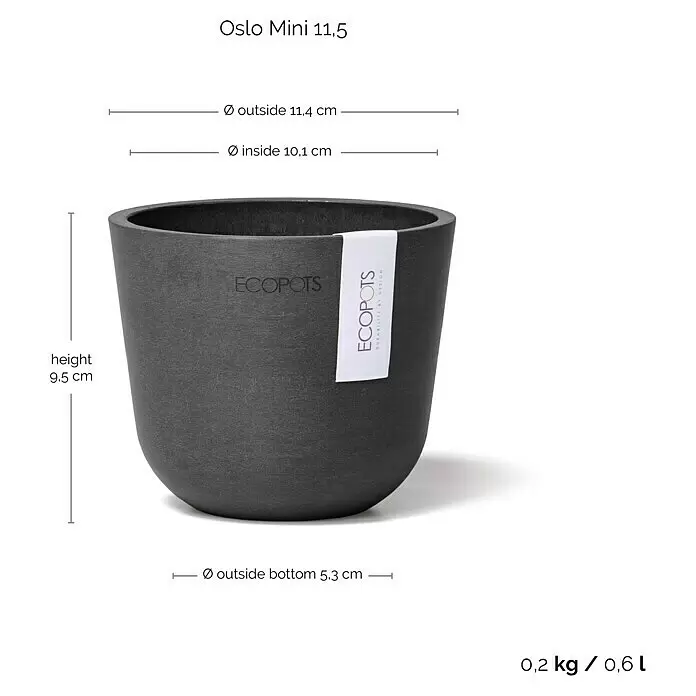 Ecopots Oslo Pflanztopf Mini - Außenmaß (Ø x H): 11,4 x 9,5 cm, Kunststoff, Dunkelgrau - Dunkelgrauer Oslo Mini 11.5 Topf mit Produktabmessungen, Gewicht und Fassungsvermögen.