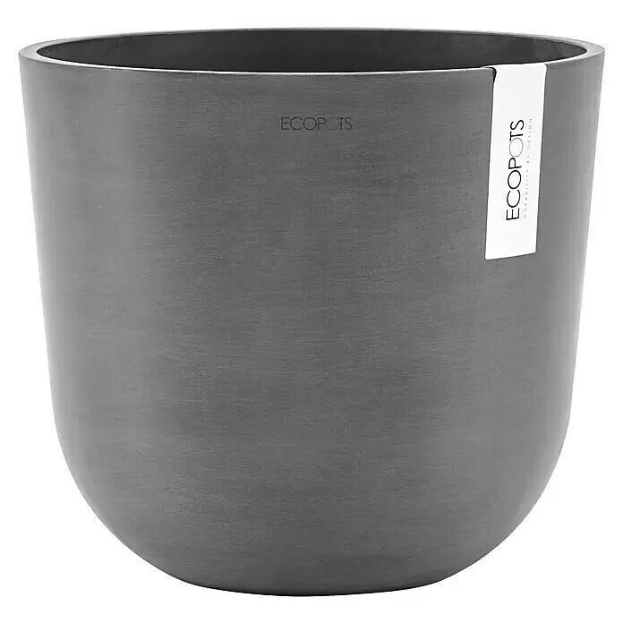 Ecopots Oslo Pflanztopf mit Wasserspeicher - Außenmaß (Ø x H): 25 x 21,4 cm, Kunststoff, Grau - Grauer, runder ECOPOTS Pflanztopf mit strukturierter Oberfläche und weißem Etikett.