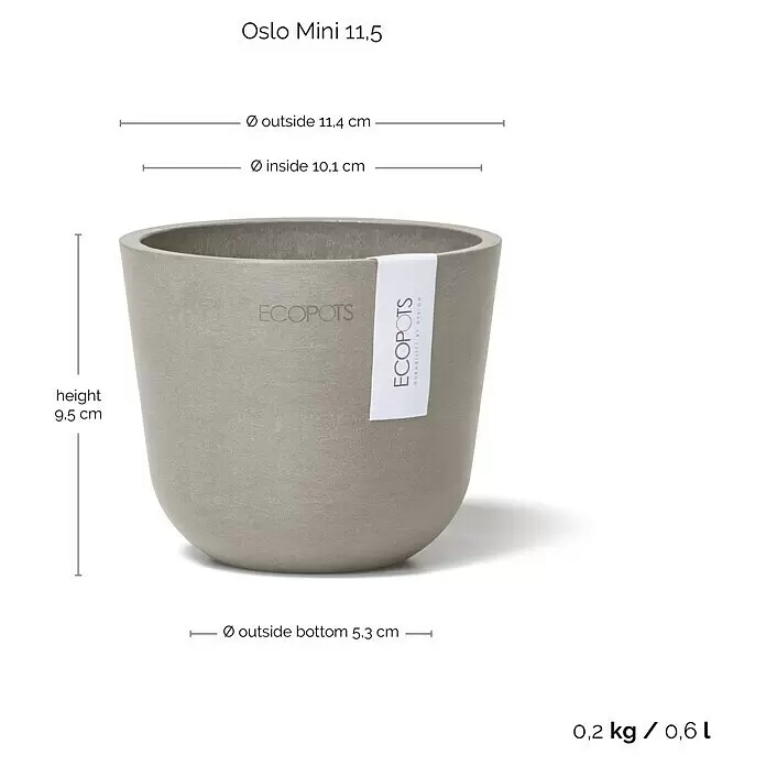 Ecopots Oslo Pflanztopf Mini - Außenmaß (Ø x H): 11,4 x 9,5 cm, Kunststoff, Braungrau - Ein grauer, strukturierter Pflanztopf mit abgerundetem Boden und Ecopots-Branding.