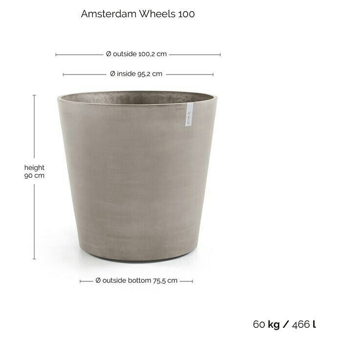 Ecopots Amsterdam Pflanzkübel rund Wheels (Außenmaß (Ø x H): 100,2 x 88,7 cm, Kunststoff, Braungrau, Ausstattung Pflanzgefäß: Rollen) | BAUHAUS
