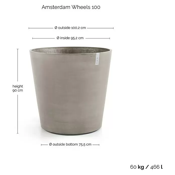 Ecopots Amsterdam Pflanzkübel rund Wheels - Außenmaß (Ø x H): 100,2 x 88,7 cm, Kunststoff, Braungrau, Ausstattung Pflanzgefäß: Rollen - Großer grauer Pflanzkübel 'Amsterdam Wheels 100' mit Maßangaben und Volumen.