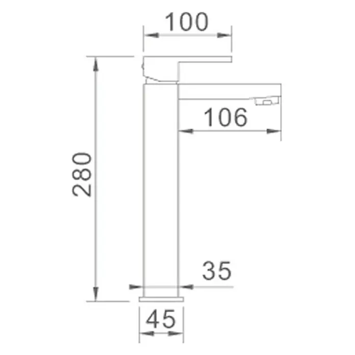 Imex Valencia Grifo de lavabo alto - Cromo, Brillante - Dibujo acotado de un grifo elegante. Ideal para la planificación del baño, con medidas precisas de 45 mm a 280 mm de altura.