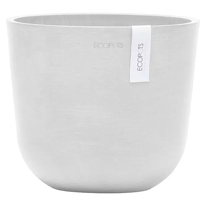 Ecopots Oslo Pflanztopf Mini - Außenmaß (Ø x H): 19 x 16,5 cm, Kunststoff, Weiß - Hellgrauer Ecopots Blumentopf mit strukturierter Oberfläche und weißem Markenetikett.