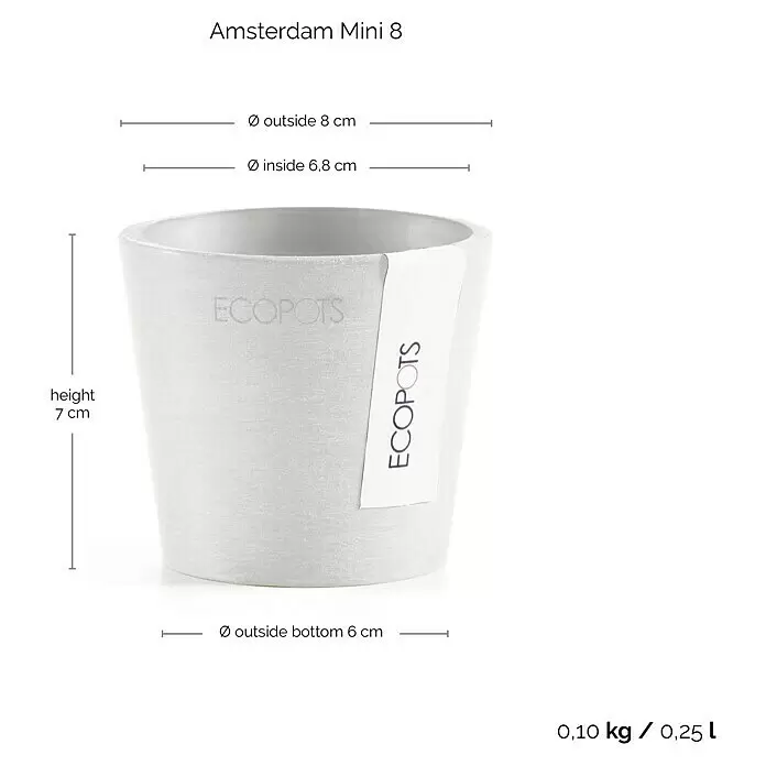 Ecopots Amsterdam Pflanztopf Mini - Außenmaß (Ø x H): 8 x 7 cm, Kunststoff, Weiß - Hellgrauer ECOPOTS Pflanztopf in Betonoptik mit Maßen für oben, unten und Höhe.